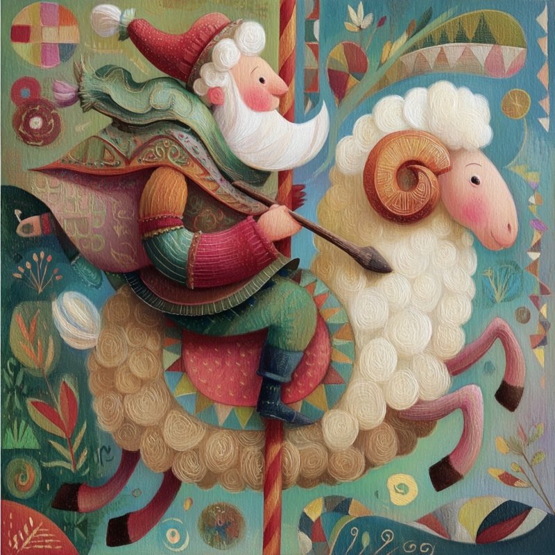 Whimsical Santa Riding Sheep
