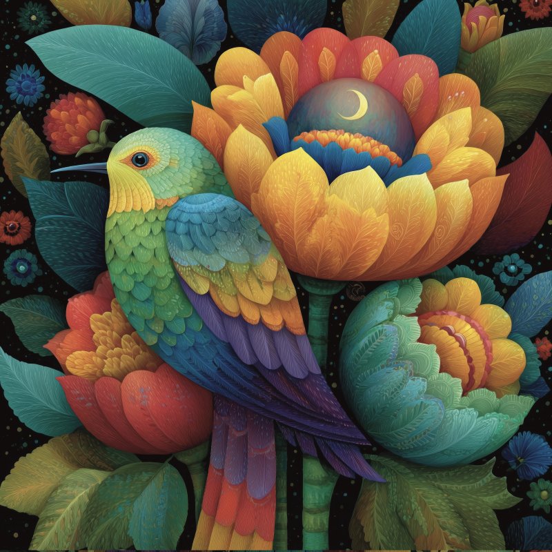 Colorful Bird and Flowers